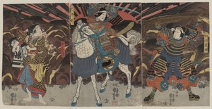 Drei Schauspieler in den Rollen der Samurai Wadai Yoshimori, Tomoe Gozen und Yamabuki von Utagawa Kuniyoshi