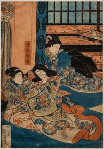 Tokiwa Gozen, Geliebte von Minamoto no Yoshitsune, in einer Kabuki-Szene (Xylographie auf Papier) von Utagawa Kuniyoshi