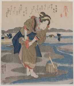 Frau, die ihren Rock befestigt; aus der Serie Fünf Bilder von Ebbe von Utagawa Kuniyoshi
