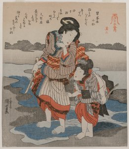 Frau und Kind, aus der Serie Fünf Bilder bei Ebbe, späte 1820er von Utagawa Kuniyoshi