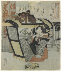 Frau als Heldin Taiso_ in Sänfte mit einer Pfeife, ca. 1830