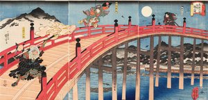 Yoshitsune ichidaiki Gojo-no-hashi no zu, ca. 1839 von Utagawa Kuniyoshi