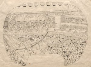 Entwurf für einen fächerförmigen Druck des Kabuki-Theaters von Utagawa Sadahide
