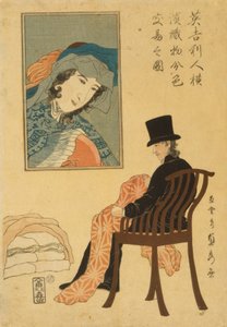 Englischer Kaufmann sortiert Stoffe für den Handel in Yokohama, 1861 von Utagawa Sadahide