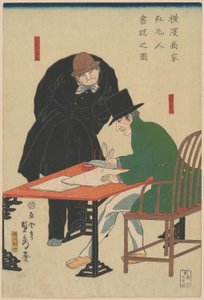 Ausländer überprüft Dokumente in einem Kaufmannshaus in Yokohama von Utagawa Sadahide