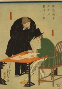 Ausländer in Yokohama schließen Vertrag in einem Handelshaus ab, 1861 von Utagawa Sadahide