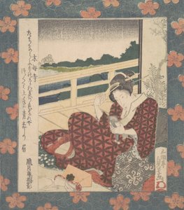 Schönheit betrachtet ihr Bild im Spiegel von Utagawa Sadakage