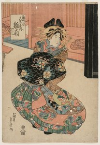 Die Kurtisane Hinaogi von Daikokuya am Eingang von Kadomachi