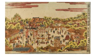 Perspektivbild des Hachiman-Schreins am Fukagawa-Fluss von Utagawa Toyoharu