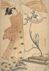 Eine Frau bindet einen Vorhang fest, ein Blumenarrangement von Chrysanthemen in einer bootförmigen Vase