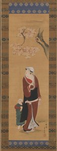 Frau und Kind unter einem Kirschbaum, spätes 18. - frühes 19. Jahrhundert von Utagawa Toyohiro