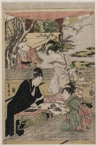 Junger Mann schreibt an einem Tisch von Utagawa Toyohiro