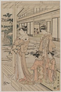 Kurtisane steht auf einer Veranda von Utagawa Toyokuni