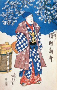 Japanischer Schauspieler im Kimono und Hintergrund mit Apfelblüten dekoriert von Utagawa Toyokuni