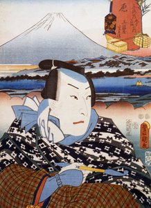 Porträt eines Kabuki-Theaterschauspielers vor dem Berg Fuji, ukiyo-e Kunstdruck von Utagawa Toyokuni (1769-1825), Holzschnitt, japanische Zivilisation, Edo-Zeit von Utagawa Toyokuni