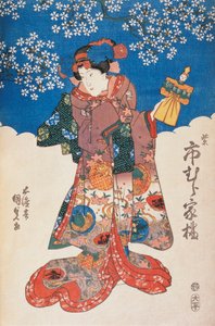 Frau im Kimono mit Puppe und Hintergrund dekoriert mit Apfelblüten, Holzschnitt