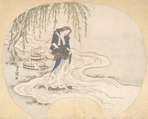 Eine Frau steht auf einem Felsen in einem Bach und wäscht Kleidung, ca. 1828