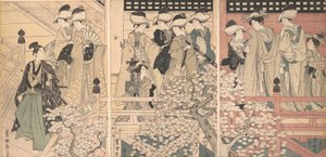 Schönheiten auf einer Veranda unter Kirschblüten, von denen ein Samurai abreist, ca. 1800