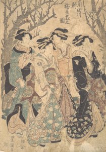 Vier Frauen, die an einer Gruppe von Bäumen vorbeigehen von Utagawa Toyokuni I