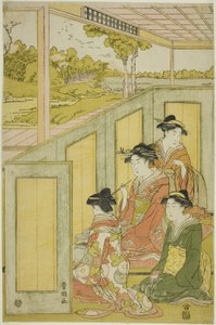 Damen hinter einem Schirm in der Residenz eines Daimyo