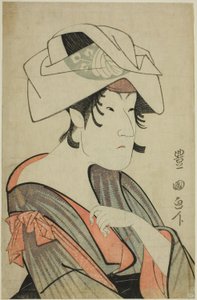 Nakayama Tomisaburo. Als Frau verkleidet mit einem Handtuch auf dem Kopf von Utagawa Toyokuni I