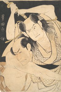 Die Schauspieler Sawamura Sojuro III mit erhobenem Schwert und Arashi Shichigoro III als Kämpfer, ca. 1798