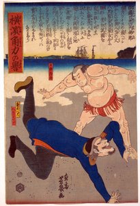 Sumo-Ringer wirft einen Ausländer von Utagawa Yoshiiku