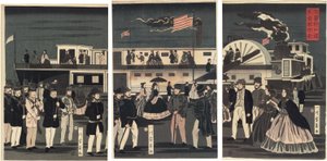 Ankunft und Abfahrt eines amerikanischen Dampfschiffs (Amerikakoku jokisha orai) von Utagawa Yoshikazu