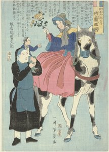 Französische Frau zu Pferd mit chinesischem Diener und Kind