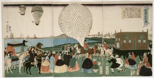 Ballonfahren in Amerika, veröffentlicht 1865 von Utagawa Yoshitora