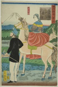 Engländer beobachten herabsteigende Gänse an der Yoshida-Brücke, aus der Serie "Acht Ansichten von Yokohama in der Provinz Musashino"