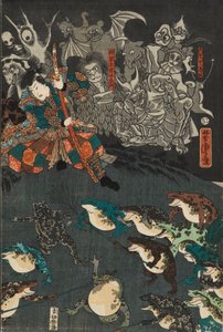 Nikushi der Froschgeist beschwört einen magischen Kampf der Frösche in Tateyama in der Provinz Etchu, 1864 von Utagawa Yoshitora