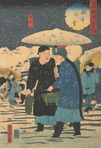 Schnee auf einem frühen Morgenmarkt [Chinesen kaufen Gemüse], 1. Monat, 1861 von Utagawa Yoshitora
