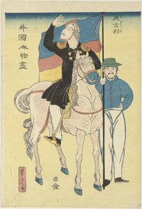 Zwei Engländer mit Pferd und Flagge von Utagawa Yoshitora