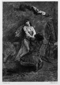 Er kniete auf dem Boden vor ihr. Illustration von V.A. Poirson (1890) für den Roman „Salammbo“ von Gustave Flaubert, der den Söldnerkrieg zur Zeit des Ersten Punischen Krieges (246-241 v. Chr.) zwischen den Römern und Karthagern als Rahmen nimmt von Victor Armand Poirson