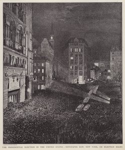 Newspaper Row, New York City, in der Nacht der US-Präsidentschaftswahl, 8. November 1892 von V. Perard