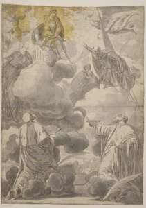 Die Jungfrau und das Kind in den Wolken, umgeben von Engeln und den Heiligen Cosmas und Damian, Cecilia, Secondo und Marina
