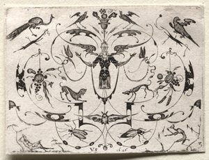 Arabeske mit Pfau, Sittich, Hunden und Insekten von Valentin Sezenius