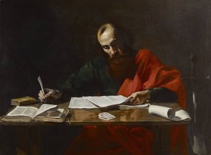 Der heilige Paulus schreibt seine Briefe von Valentin de Boulogne