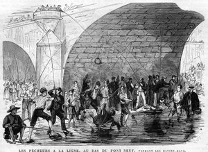 Der Fischer hat die Leine am Boden der Brücke Neuf in Paris im Jahr 1868 während des Niedrigwassers. Zeichnung von Desroches - Valnay.