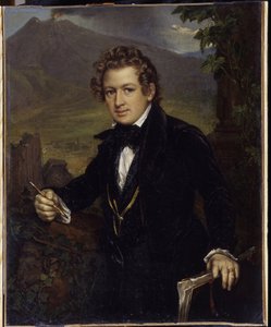 Porträt des Malers Karl Pawlowitsch Brjullow (1799-1852). Dargestellt vor einem Vulkan, der Maler hält einen Bleistift und sein Zeichenbrett. von Vasili Andreevich Tropinin