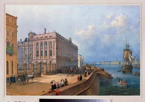 Ansicht des Ufers der Newa und des Marmorpalastes in Sankt Petersburg. Werk von Vasily Semyonovich Sadovnikov (1800-1879), Aquarell auf Papier