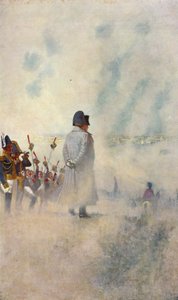 Napoleon Bonaparte steht unter seinen Soldaten vor Moskau