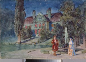 Bühnenbildentwurf, ein Garten vor einem Haus, für die Oper "Boris Godunow" von Modest Mussorgski von Vasilij Dmitrievich Polenov