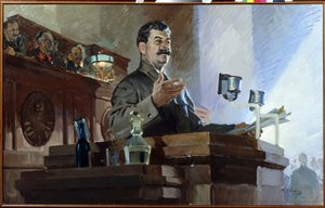 Joseph Stalin definiert die sowjetische Verfassung neu beim 8. außerordentlichen Kongress der Sowjets am 5. Dezember 1936. Wjatscheslaw Molotow ist im Hintergrund zu sehen