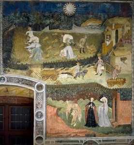 August: Ernte auf einem Weizenfeld. Der Weizen wird geerntet, Ballen und Transporte in Karren. Ein Mönch liest Gebete in einer Kapelle. Vor Damen mit Falken und einem Falkner.