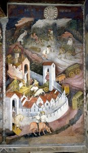 Dezember: Die Holzfäller sammeln das Holz und bringen es in die Stadt Trient, wo die Mauer und das Schloss Buonconsiglio dargestellt sind. Gemälde des Meisters der Monate oder Meister Wenzel (Anfang des 15. Jahrhunderts)