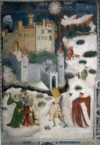Monat Januar: verschneite Landschaft mit Aristokraten und Jägern