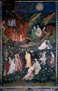 Monat Mai: Paare junger Aristokraten und Dame in einem Rosengarten von Venceslao Maestro