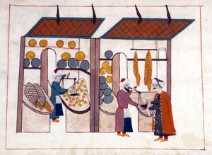 Ein Obst- und Gemüsehändler (vier Jahreszeiten) in Konstantinopel, Türkei unter dem Osmanischen Reich. Miniatur aus „Türkische Denkmäler“ (Codex Cicogna 1971 „Memorie Turchesche“) Aquarell aus der venezianischen Schule des 17. Jahrhunderts von Venetian School